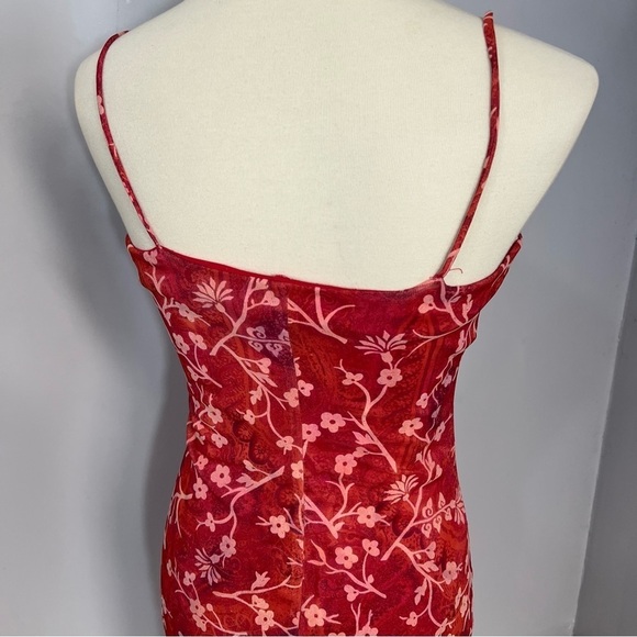 Vintage Y2K Spaghetti Strap Dress Beach Resort Asymmetric Red Ditsy Floral Midi - Picture 10 of 14